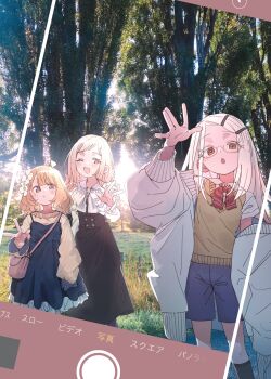 3girls absurdres ahoge bag black_dress blonde_hair blue_dress blue_shorts blush bow bowtie cellphone_photo closed_mouth commentary_request dress flower gakuen_idolmaster glasses hair_flower hair_ornament hairclip hand_up highres idolmaster idolmaster_million_live! idolmaster_shiny_colors jacket long_hair long_sleeves looking_at_viewer meeeeeeco359 multiple_girls off_shoulder one_eye_closed open_mouth orange_eyes outdoors photo_background sakuragi_mano shinosawa_hiro shirt short_hair shorts shoulder_bag socks standing suou_momoko sweater_vest taking_picture waving white_jacket white_shirt yellow_shirt