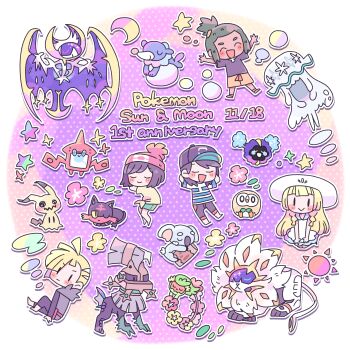 Rule 34 | 2girls, 3boys, :>, absurdres, anniversary, arms up, black hair, black shirt, blonde hair, blue eyes, blush, blush stickers, bubble, chibi, chibi only, closed eyes, closed mouth, comfey, commentary, copyright name, crescent, dark-skinned male, dark skin, dated, dress, elio (pokemon), flower, gen 4 pokemon, gen 7 pokemon, gladion (pokemon), green hair, hat, hau (pokemon), highres, hood, hood down, komala, legendary pokemon, lillie (pokemon), litten, long hair, long sleeves, looking back, lunala, mimikyu, multiple boys, multiple girls, nihilego, nintendo, one eye closed, open mouth, orange shoes, outline, pink flower, pokedex, pokemon, pokemon (creature), pokemon sm, popplio, remoooon, rotom, rotom dex, rowlet, shirt, shoes, short hair, short sleeves, shorts, sidelocks, sitting, solgaleo, solid oval eyes, star (symbol), sun symbol, t-shirt, type: null, ultra beast, white dress, white hat, white outline, yellow flower, yellow shorts