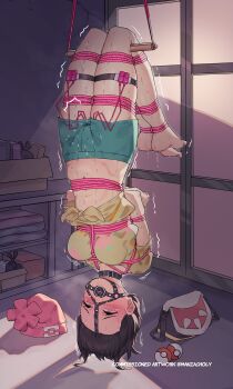 1girl asphyxiation bag bdsm black_hair blouse bondage bound breasts callu_jy choker collar commentary dildo_gag egg_vibrator english_commentary gag gag_harness gagged grey_eyes hanging hat highres indoors looking_at_viewer medium_breasts midriff nintendo open_mouth poke_ball poke_ball_(basic) pokemon pokemon_sm restrained ring_gag selene_(pokemon) sex_toy shibari shibari_over_clothes shirt short_hair shorts solo upside-down vibrator window