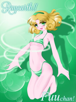 Rule 34 | 1girl, artist request, bikini, blonde hair, blush, breasts, character name, collarbone, copyright name, covered erect nipples, green background, green bikini, green eyes, hairband, highres, hououji fuu, looking at viewer, magic knight rayearth, medium hair, small breasts, smile, solo, striped bikini, striped clothes, swimsuit, underboob