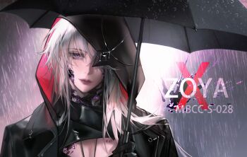1girl absurdres black_gloves black_jacket black_umbrella character_name chinese_commentary commentary gloves highres holding holding_umbrella hood hood_up hooded_jacket jacket lips long_hair material_growth one_eye_covered path_to_nowhere purple_eyes rain smile solo umbrella under_umbrella white_hair zhishi_yuyuanqiu zoya_(path_to_nowhere)