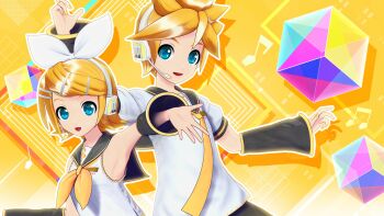 1boy 1girl 3d armband bare_shoulders black_armband blonde_hair blue_eyes bow facing_viewer game_cg hair_between_eyes hair_bow hair_ornament headphones highres kagamine_len kagamine_rin looking_at_viewer musical_note musical_note_print necktie non-web_source official_art open_mouth outstretched_hand project_diva_(series) project_diva_mega39&#039;s reaching reaching_towards_viewer shirt short_hair vocaloid white_bow white_shirt yellow_background yellow_nails