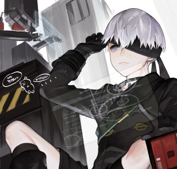 1boy 9s_(nier:automata) black_boots black_gloves black_jacket black_shorts blindfold blindfold_lift blue_eyes boots building commentary_request gloves highres holographic_interface jacket korean_commentary long_sleeves male_focus nahonanaho nier:automata nier_(series) one_eye_covered parted_lips pod_(nier:automata) short_hair shorts translation_request very_short_hair white_hair