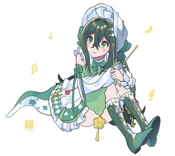1girl apron bare_shoulders blush_stickers bonnet boots closed_mouth collar colored_inner_hair convenient_censoring crossed_bangs detached_sleeves drumsticks floral_print floral_print_kimono flower-shaped_pupils flower_hairpin frilled_bonnet frilled_collar frilled_skirt frilled_socks frills full_body green_boots green_eyes green_hair green_kimono green_ribbon green_tail hair_ornament hair_ribbon hairclip highres holding holding_drumsticks hugging_own_legs japanese_clothes kimono kimono_skirt knee_boots kneehighs knees_up lace-up_boots lizard_tail long_hair long_sleeves looking_ahead maid_apron mell0w_dream multicolored_hair musical_note neck_ribbon nijisanji on_floor print_kimono ribbon shoe_soles signature simple_background sitting skirt smile socks solo symbol-shaped_pupils tail tail_under_clothes tassel togawa_nonoha virtual_youtuber waist_apron white_background white_bonnet white_ribbon white_sleeves