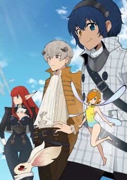 2girls 3boys absurdres ascot bare_shoulders barefoot black_hairband black_horns blue_eyes blue_hair blue_sky brown_jacket closed_mouth commentary_request creature curled_horns fairy fairy_wings gallica_(metaphor:_refantazio) grey_hair grey_hairband hair_over_one_eye hairband hand_on_own_hip heismay_(metaphor:_refantazio) heterochromia highres horns hulkenberg_(metaphor:_refantazio) jacket koyuki0125k leotard metaphor:_refantazio mini_person minigirl multiple_boys multiple_girls one_eye_covered open_clothes open_jacket orange_hair outdoors pointy_ears profile protagonist_(metaphor:_refantazio) red_eyes red_hair size_difference sky smile strohl_(metaphor:_refantazio) sunlight white_jacket wings yellow_eyes