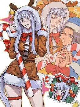 2girls absurdres ammi_(mayflyaa) animal_costume animal_ears animal_hood antlers black_hair blue_capelet blue_dress blunt_bangs bound bound_wrists bow box breasts brown_dress candy candy_cane capelet christmas dress fake_antlers fenomeno_(umamusume) food fur-trimmed_headwear fur-trimmed_hood fur_trim gift gift_box gold_ship_(umamusume) grey_hair hashtag-only_commentary hat highres hood hood_up horns horse_ears horse_girl horse_tail long_hair long_sleeves multicolored_hair multiple_girls official_alternate_costume one_eye_closed open_mouth purple_eyes red_bow reindeer_antlers reindeer_costume reindeer_hood santa_costume santa_hat smile star_(symbol) tail teeth umamusume