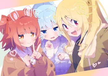3girls absurdres akino_kaede alternate_costume animal_ears black_shirt blonde_hair blue_coat blue_eyes blue_hair blunt_bangs bow brown_eyes brown_jacket buttons casual cat_ears center_frills closed_mouth coat collared_coat collared_jacket collared_shirt commentary_request dot_nose drawn_ears drawn_horns drawn_whiskers dress dutch_angle eyelashes eyes_visible_through_hair fingernails frills fur-trimmed_coat fur_trim furrowed_brow green_coat hair_between_eyes hair_bow hair_over_shoulder heart highres horns jacket jewelry lapels layered_sleeves letterboxed light_blush long_sleeves magia_record:_mahou_shoujo_madoka_magica_gaiden mahou_shoujo_madoka_magica medium_hair minami_rena multiple_girls nervous notched_lapels open_clothes open_coat open_jacket open_mouth orange_dress paw_pose photo_(object) plaid_clothes plaid_coat ponytail puffy_long_sleeves puffy_sleeves rabbit_ears red_bow red_eyes red_hair ribbon-trimmed_jacket ring selfie serizawa_serizane sheep_ears sheep_horns shirt shirt_under_dress sidelocks sleeves_past_wrists smile sweatdrop sweater tareme togame_momoko turtleneck turtleneck_sweater twitter_username two_side_up unmoving_pattern upper_body v wavy_hair white_shirt white_sweater