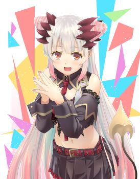 1girl :d bare_shoulders belt between_breasts black_shirt black_skirt black_sleeves black_vest bra breasts center-flap_bangs commentary_request cone_hair_bun cowboy_shot crop_top cropped_shirt cropped_vest demon_girl demon_horns demon_tail detached_collar detached_sleeves double-parted_bangs double_bun frilled_skirt frills gradient_hair grey_hair groin hair_bun haniwa_(leaf_garden) headgear highres horns lace lace_shirt leaning_forward light_blush long_hair long_sleeves looking_at_viewer lowleg lowleg_skirt midriff miniskirt multicolored_hair nail_polish nanashi_inc. navel necktie necktie_between_breasts open_clothes open_mouth open_vest orange_eyes panties panty_straps pink_hair pink_nails pink_streaks pleated_skirt pointy_ears red_belt red_bra red_horns red_necktie red_panties shirt side_up_bun skirt smile solo steepled_fingers streaked_hair suou_patra suou_patra_(1st_costume) tail tied_shirt underwear very_long_hair vest virtual_youtuber