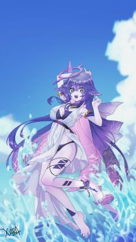 +_+ 1girl absurdres armlet barefoot bikini bikini_under_clothes blue_sky breasts bright_pupils cleavage cloud colored_skin commentary day dot_nose dress english_commentary full_body gold_armlet grey_skin halo highres indie_virtual_youtuber jewelry long_hair megalodon_(vtuber) necklace open_mouth outdoors pearl_necklace purple_bikini purple_eyes purple_hair sharp_teeth signature sky smile solo splashing swimsuit teeth toenails very_long_hair virtual_youtuber water white_dress white_pupils xarakura_xara