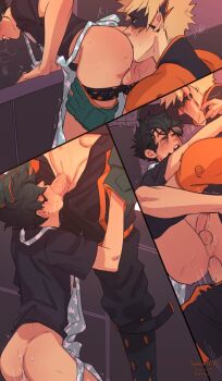 2boys anal anilingus apron ass bakugou_katsuki black_shirt blonde_hair body_freckles boku_no_hero_academia crying cum cum_in_ass cum_on_ass cum_on_body fellatio freckles green_hair highres kneeling male_focus male_underwear male_underwear_pull midoriya_izuku multiple_boys oral penis shirt short_hair spacenipnops spiked_hair superhero_costume tears testicles underwear yaoi