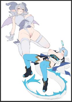 2girls blue_hair breasts character_request clothing_aside demon_girl demon_horns demon_wings dragon_girl duel_monster glasses gloves grey_eyes grey_hair hair_over_one_eye horns large_breasts leotard leotard_aside lovely_labrynth_of_the_silver_castle multiple_girls nipples pointy_ears pussy red_cucumber semi-rimless_eyewear simple_background sketch spread_legs strapless strapless_leotard under-rim_eyewear white_background white_gloves white_leotard wings yu-gi-oh!