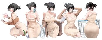 1girl absurdres ass breasts brown_dress cellphone cleavage dongtan_dress dress folded_ponytail food food_packaging highres holding holding_food holding_phone long_hair murabana44 original pencil_dress phone scoop_neck shopping shopping_cart smartphone spaghetti_strap taut_clothes taut_dress tight_clothes tight_dress
