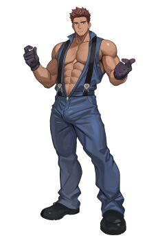 Rule 34 | 1boy, abs, absurdres, backman (2001pinggai), bara, biceps, black shoes, broad shoulders, brown hair, bulge, collared jumpsuit, facial hair, full body, full service (mazjojo), gloves, goatee stubble, highres, jumpsuit, large pectorals, male focus, muscular, muscular male, navel, oki ardana, pectorals, red hair, shoes, sidepec, sleeveless, solo, spiked hair, stubble, suspenders, thick arms, thick eyebrows, thick thighs, thighs, v-taper, veins, veiny arms, white background, zipper