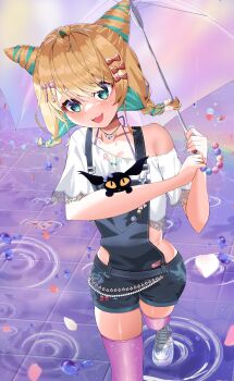 1girl :d absurdres ahoge aqua_eyes aqua_hair blonde_hair bow braid commentary cone_hair_bun double_bun english_commentary hair_bow hair_bun highres holding holding_umbrella low_twin_braids lucie_(millie_parfait) midriff millie_parfait millie_parfait_(5th_costume) mon_monn multicolored_hair multiple_hair_bows nail_polish nijisanji nijisanji_en open_mouth overalls purple_thighhighs rain ripples single_off_shoulder skindentation smile streaked_hair thighhighs twin_braids umbrella virtual_youtuber