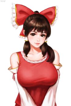 Rule 34 | 1girl, bow, breasts, brown eyes, brown hair, closed mouth, collarbone, detached sleeves, frilled bow, frills, gold trim, hair bow, hair over shoulder, hair tubes, hakurei reimu, highres, huge breasts, light blush, lips, long hair, long sleeves, looking at viewer, ponytail, red bow, red vest, ribbon-trimmed sleeves, ribbon trim, simple background, solo, touhou, upper body, vest, white background, yyf (seaknight)