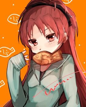 Rule 34 | 1girl, black bow, blush, bow, breasts, commentary request, fish background, food, green sweater, hair bow, hand up, highres, long hair, looking at viewer, mahou shoujo madoka magica, mouth hold, orange background, ponytail, rairai (light), red eyes, red hair, sakura kyoko, simple background, sleeves past wrists, small breasts, solo, sweater, taiyaki, upper body, wagashi