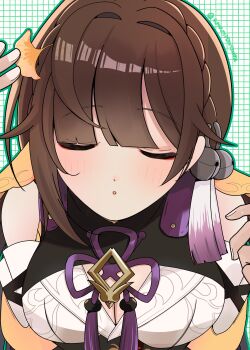 1girl absurdres amamitsutsuki12 bare_shoulders bell blush breasts brown_hair cleavage closed_eyes dress hair_bell hair_ornament highres honkai:_star_rail honkai_(series) large_breasts puckered_lips solo sushang_(honkai:_star_rail) upper_body yellow_dress