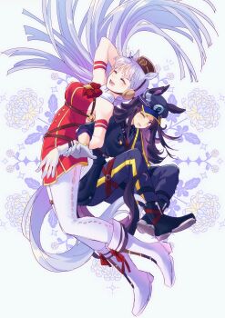 2girls absurdres animal_ears armband black_boots black_hair black_jacket black_pants blunt_bangs blush boots bow bowtie breasts brown_hat camellia_(camel_mal) closed_eyes commentary_request dress ear_bow ear_ribbon ears_through_headwear fenomeno_(black_flames_of_the_righteous_spirit)_(umamusume) fenomeno_(umamusume) flipped_hair flower gloves gold_ship_(red_strife)_(umamusume) gold_ship_(umamusume) grey_hair hat highres horse_ears horse_girl horse_tail horseshoe_hat_ornament horseshoe_ornament jacket large_breasts leggings long_hair long_sleeves multicolored_hair multiple_girls one_eye_closed open_mouth pants pantyhose peaked_cap pillbox_hat purple_bow purple_eyes purple_hair red_bow red_bowtie red_dress sleeveless sleeveless_dress smile striped_armband striped_clothes tail thigh_strap umamusume white_boots white_gloves white_leggings white_pantyhose