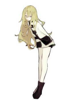 Rule 34 | 1girl, absurdres, arms behind back, blonde hair, blue eyes, boots, hair between eyes, highres, jacket, long hair, long sleeves, looking at viewer, open clothes, open jacket, rachel gardner, satsuriku no tenshi, shirt, shorts, solo, striped clothes, striped shirt, toke ino, white background, white jacket