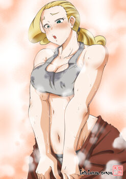 1girl 2019 alternate_breast_size_(larger) artist_name baggy_pants bare_arms blonde_hair blue_eyes blush breasts cleavage clothes_pull commentary cowlick exhausted female_focus grey_tank_top groin highres large_breasts muscular muscular_female navel nintendo orange_background oresama_x panties pants pants_pull pokemon pokemon_sword_and_shield simple_background solo steaming_body sweat tank_top underwear upper_body wet wet_clothes worker_(pokemon)
