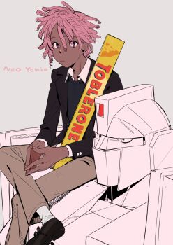 1boy charles_(neo_yokio) closed_mouth copyright_name dark_skin dark-skinned_male fingers_together grey_background dreadlocks kaz_kaan crossed_legs looking_at_viewer male_focus neo_yokio pink_hair purple_eyes school_uniform short_hair simple_background sitting_on_shoulder sweater toblerone yutaka7