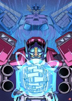 autobot convoy_(armada) exhaust_pipe glowing glowing_eyes grand_convoy helmet highres humanoid_robot insignia machine mask mecha mouth_mask optimus_prime robot science_fiction transformers transformers_armada transformers_unicron_trilogy winston_chan yellow_eyes