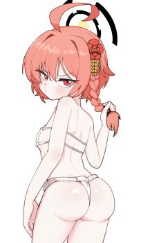 Rule 34 | ahoge, angry, ass, blue archive, blush, braid, breasts, commentary request, flat chest, flower, fundoshi, hair flower, hair ornament, halo, highres, japanese clothes, korean commentary, mago cats, neru (blue archive), red eyes, red hair, short hair, side braid, small breasts, twirling hair, twisted torso, wide hips