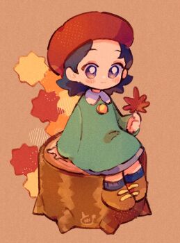 1girl adeleine autumn_leaves beret bino00 black_hair blue_socks blush blush_stickers brown_shoes closed_mouth commentary_request full_body green_shirt hat holding holding_leaf kirby_(series) kirby_64 leaf long_sleeves nintendo on_tree_stump red_hat shirt shoes sitting smile socks solo