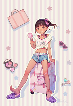 1girl absurdres arm_support bare_legs barefoot belt belt_buckle black_hair blue_shorts buckle clothes_writing commentary_request crocs denim denim_shorts electric_fan feet flat_chest full_body grin hand_fan highres holding jojifuku legs loli looking_at_viewer midriff muk_(monsieur) navel original pink_belt ponytail purple_footwear scrunchie shirt short_hair short_shorts short_sleeves shorts side_ponytail smile soles solo star_(symbol) striped_background teeth thighs tied_shirt toes white_shirt