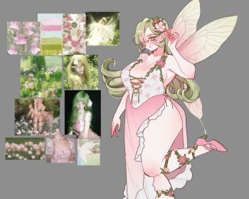 02_nai 1girl blush breasts cleavage dress fairy_wings flower foot_out_of_frame green_hair grey_background hair_flower hair_ornament hair_over_one_eye high_heels highres large_breasts leg_up long_hair original pink_flower pink_shoes pointy_ears purple_eyes reference_inset shoes side_slit simple_background sleeveless sleeveless_dress solo wings