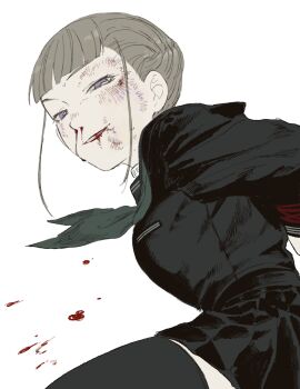 1girl 53_(kanimisomrmr) bdsm black_shirt black_thighhighs blood blood_on_face bondage bound bruise euphoria_(clockup) grey_hair highres injury long_sleeves looking_at_viewer manaka_nemu nosebleed parted_lips shirt short_hair short_hair_with_long_locks simple_background solo thighhighs white_background