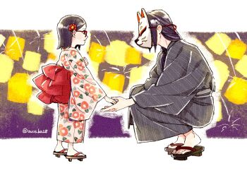 1boy 1girl alternate_universe black_eyes black_hair black_kimono boruto:_naruto_next_generations flower fox_mask geta glasses hair_flower hair_ornament hand_grab highres japanese_clothes kimono mask medium_hair naruto_(series) onka_(aun_ka28) sandals squatting twitter_username uchiha_itachi uchiha_sarada uncle_and_niece wide_sleeves