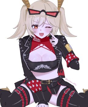 Rule 34 | 1girl, black jacket, black skirt, black thighhighs, blonde hair, blush, boots, breasts, burnice white, cleavage, highres, jacket, large breasts, mattya coffee, navel, one eye closed, open clothes, open jacket, pleated skirt, red eyes, short twintails, skirt, solo, thigh boots, thighhighs, twintails, zenless zone zero