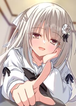 1girl :d absurdres black_bow black_bowtie blurry blurry_background blush bow bowtie commentary_request enamori_senri eyelashes eyes_visible_through_hair fingernails flower grey_hair hair_between_eyes hair_flower hair_ornament hair_ribbon half_updo hand_on_own_cheek hand_on_own_face hand_up highres index_finger_raised indoors long_hair long_sleeves looking_at_viewer open_mouth pointing pointing_at_viewer priministar ribbon rose sakuratoru school_uniform shirt sleeve_bow smile solo straight-on straight_hair tsurime upper_body white_flower white_ribbon white_rose white_shirt yellow_eyes
