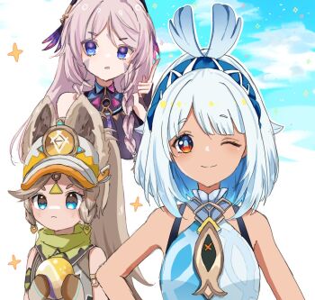 3girls animal_ears antenna_hair armlet ball bare_arms bare_shoulders black_bridal_gauntlets black_shirt blonde_hair blue_eyes blue_hair blue_hairband blue_pupils blue_shirt blue_sky bra_strap braid bridal_gauntlets bright_pupils cabbit citlali_(genshin_impact) closed_mouth cloud colored_eyelashes colored_inner_hair commentary_request cropped_torso dark-skinned_female dark_skin ears_through_headwear eyelashes facial_mark forehead_mark frown genshin_impact gold_armlet gradient_hair green_scarf grey_shirt hair_between_eyes hair_ears hairband halter_shirt halterneck hand_on_own_hip happy hat holding holding_ball kachina_(genshin_impact) light_blush long_hair looking_at_viewer marking_on_cheek mualani_(genshin_impact) multicolored_hair multiple_girls nagi_0sa0 one_eye_closed orange_eyes outline pink_hair pink_pupils pointing pointing_up ponytail scarf shirt sky smile sparkle tareme thick_eyebrows twin_braids two-tone_shirt upper_body very_long_hair white_hair white_hat white_outline white_shirt