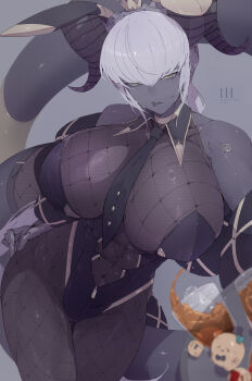 1girl abs animal_ears bare_shoulders black_horns black_jacket black_leotard bodystocking breasts brown_eyes collarbone colored_skin commentary_request covered_navel crown cup curled_horns drinking_glass fake_animal_ears fishnet_bodystocking fishnets grey_bodystocking grey_skin highleg highleg_leotard highres horns huge_breasts ill_(ub1mo) jacket leotard long_hair looking_at_viewer mechanical_arms mini_crown muscular muscular_female navel necktie off_shoulder original playboy_bunny rabbit_ears solo tail thighs toned tongue tongue_out tray ub1mo white_hair