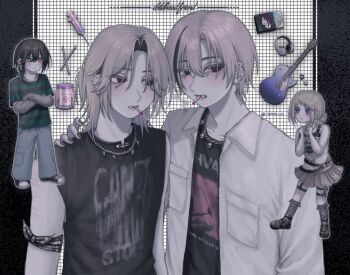 Rule 34 | 1girl, 3boys, black eyes, black shirt, cd, cd case, chain, chain necklace, character request, cigarette, commentary request, copyright request, crossed arms, grey hair, guitar, hand on another's shoulder, headphones, instrument, jar, jewelry, looking at viewer, male focus, mouth hold, multiple boys, necklace, nmnr ut, open clothes, open shirt, parted bangs, shirt, short hair, sleeveless, sleeveless shirt, smoking, syringe, white shirt