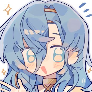 1girl 37_(reverse:1999) bare_shoulders blue_eyes blue_hair blue_outline blush_stickers chinese_commentary choker commentary_request criss-cross_halter gold_choker hair_between_eyes hairband halterneck hand_up happy long_hair long_hair_between_eyes looking_at_viewer loose_hair_strand open_mouth outline reverse:1999 sidelocks simple_background smile solo sparkle upper_body wavy_hair white_background xianyu_fish yellow_hairband