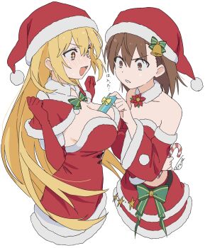 2girls bare_shoulders between_breasts blonde_hair blush box breasts brown_eyes brown_hair capelet detached_sleeves dress elbow_gloves fur-trimmed_capelet fur-trimmed_dress fur-trimmed_gloves fur-trimmed_headwear fur-trimmed_sleeves fur_trim gift gift_box gloves hashtag-only_commentary hat highres large_breasts long_hair medium_hair misaka_mikoto multiple_girls nervous_sweating official_alternate_costume red_capelet red_dress red_gloves red_hat santa_costume santa_dress santa_hat shokuhou_misaki small_breasts star-shaped_pupils star_(symbol) sweat symbol-shaped_pupils teruya_(6w6y) toaru_kagaku_no_railgun toaru_majutsu_no_index toaru_majutsu_no_index:_genesis_testament translation_request white_background wide_sleeves