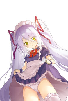 1girl absurdres alternate_costume alternate_hairstyle apron black_dress black_wrist_cuffs blush bow bowtie brooch chinese_commentary clothes_lift commentary_request cowboy_shot detached_collar dress dress_lift enmaided eyes_visible_through_hair frilled_apron frilled_dress frilled_sleeves frilled_thighhighs frilled_wrist_cuffs frills from_below furrowed_brow hair_between_eyes hair_ribbon highres hoshizora_no_memoria jewelry lifting_own_clothes long_hair looking_at_viewer maid maid_apron maid_headdress mare_s._ephemeral muchun_(2571268436) open_mouth panties puffy_short_sleeves puffy_sleeves red_bow red_bowtie red_ribbon ribbon short_sleeves sidelocks simple_background slit_pupils solo sweatdrop thighhighs thighs twintails underwear very_long_hair white_apron white_background white_panties white_thighhighs wrist_cuffs yellow_eyes