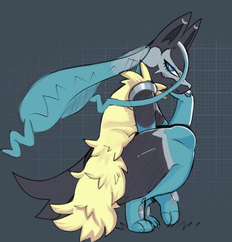 astralc0de black_fur blue_eyes blue_fur grey_background grid_background highres mega_lucario_z multicolored_fur nintendo pokemon pokemon_(creature) solo squatting tail yellow_fur