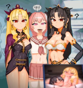 1boy 2girls ? astolfo_(fate) bandeau black_dress black_sleeves blonde_hair breasts cellphone cloak commentary detached_sleeves dress earrings english_commentary ereshkigal_(fate) fang fate/grand_order fate_(series) fellatio hallway headdress highres ishtar_(fate) jewelry korean_text large_breasts looking_at_viewer multiple_girls oral phone pink_eyes pink_hair pink_sailor_collar pink_skirt pov pov_crotch red_cloak red_eyes rov_ender sailor_collar school_uniform serafuku skin_fang skirt speech_bubble tongue tongue_out trap