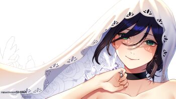 1girl absurdres black_choker black_hair chainsaw_man choker closed_mouth green_eyes highres jewelry looking_at_viewer newmoonshira reze_(chainsaw_man) ring smile solo veil white_background