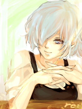 Rule 34 | 1girl, black dress, blue eyes, closed mouth, commentary request, dress, elbow rest, green background, hair over one eye, highres, interlocked fingers, kirishima touka, looking at viewer, one eye covered, own hands together, pinafore dress, shirt, shishi (eai make), short hair, sleeveless, sleeveless dress, smile, solo, table, tokyo ghoul, upper body, white hair, white shirt, wooden table