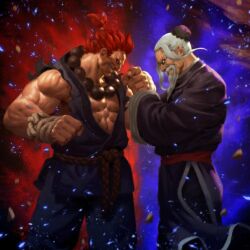 akuma_(street_fighter) aura beads gen hair_bun prayer_beads rope_belt standing street_fighter