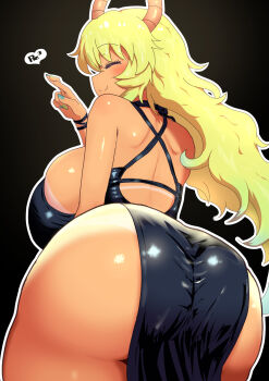 1girl ass back backboob blonde_hair breasts closed_mouth commentary_request dragon_girl dragon_horns gradient_hair highres horns huge_breasts kobayashi-san_chi_no_maidragon large_breasts long_hair lucoa_(maidragon) multicolored_hair reiwa_rerere signature simple_background smile solo tan tanline