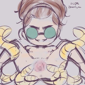 1girl 2025 20s aged_down anus barefoot blush brown_hair censored collarbone doctor_octopus drantyno flat_chest goggles grey_background grin high_ponytail highres legs_up loli long_hair looking_at_viewer lying marvel mechanical_tentacles nipples nude olivia_octavius ponytail pussy sketch smile spider-man:_into_the_spider-verse spider-man_(series) spider-verse spread_legs spread_pussy teeth tentacles traditional_media