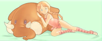 Rule 34 | 1girl, blue eyes, borrowed character, braid, cameltoe, goophilia, green background, highres, jewelry, linnea (baraag), long hair, looking at viewer, mammoth, necklace, original, smile, socks, solo, striped clothes, striped socks, stuffed animal, stuffed toy, tusks, twin braids, very long hair