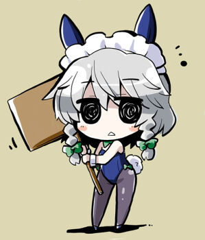 1girl akaneya animal_ears black_eyes blush_stickers deformed female_focus izayoi_sakuya pantyhose playboy_bunny rabbit_ears silver_hair solo touhou triangle_mouth