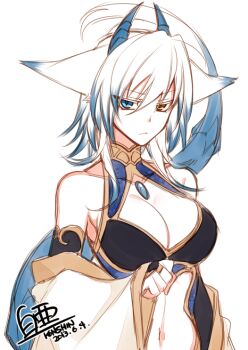 Rule 34 | 1girl, animal ears, belly, blue eyes, breasts, bridal gauntlets, choker, cleavage, dated, detached sleeves, dragon tail, female focus, fox ears, frown, heterochromia, horns, jewelry, konshin, large breasts, necklace, orie hakua, pixiv fantasia, pixiv fantasia new world, signature, solo, tail, twitter username, white hair, yellow eyes
